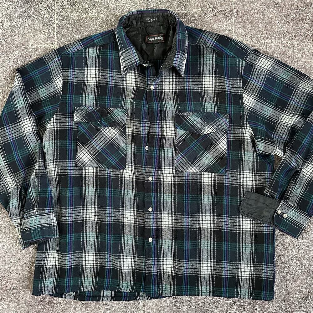 Men's Vintage 90's Royal Knight Acrylic Black Purple Blue Flannel Shirt Sz XL